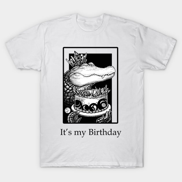 Alligator & Crystal Cake - It's My Birthday - Black Outlined Version T-Shirt by Nat Ewert Art